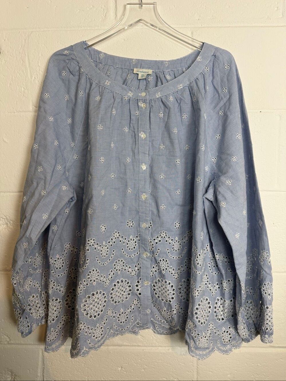 Sundance Women’s XXL Blue White Striped Eyelet Embroidered Cotton Boho Peasant B